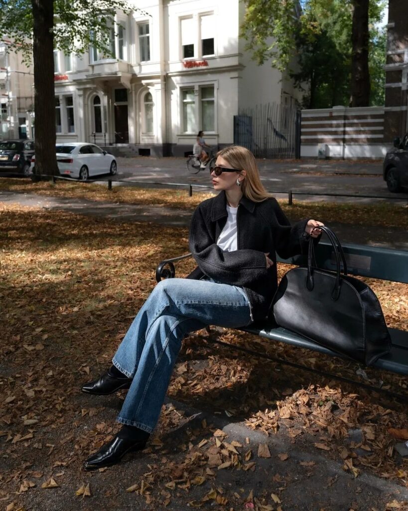 1. Old Money Streetstyles Black Short Jacket & Blue Jeans