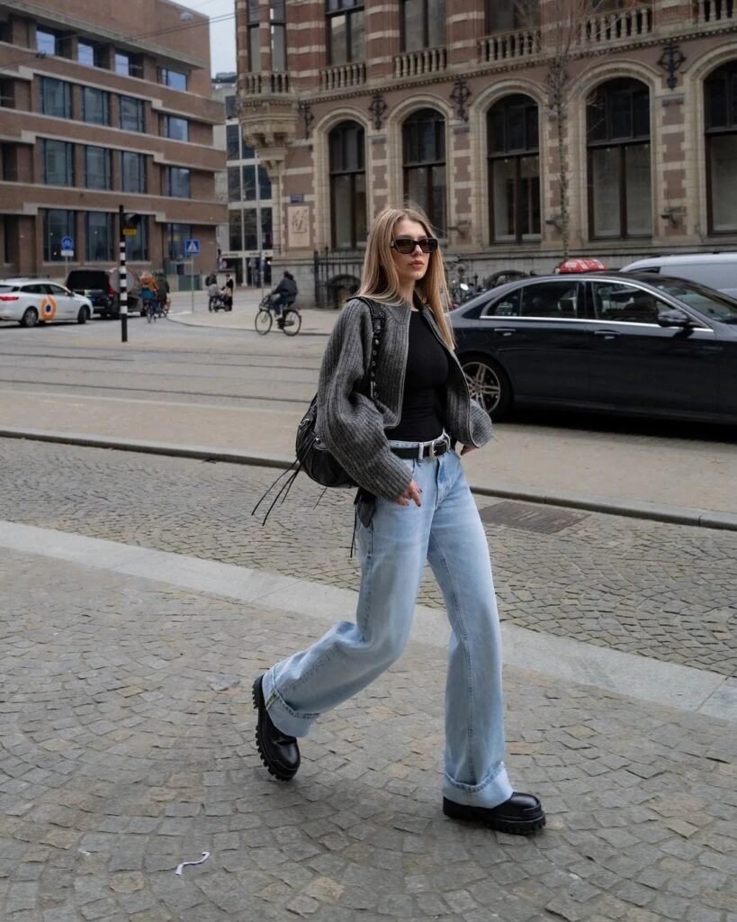 3. Old Money Streetstyles Gray Cardigan & Blue Jeans