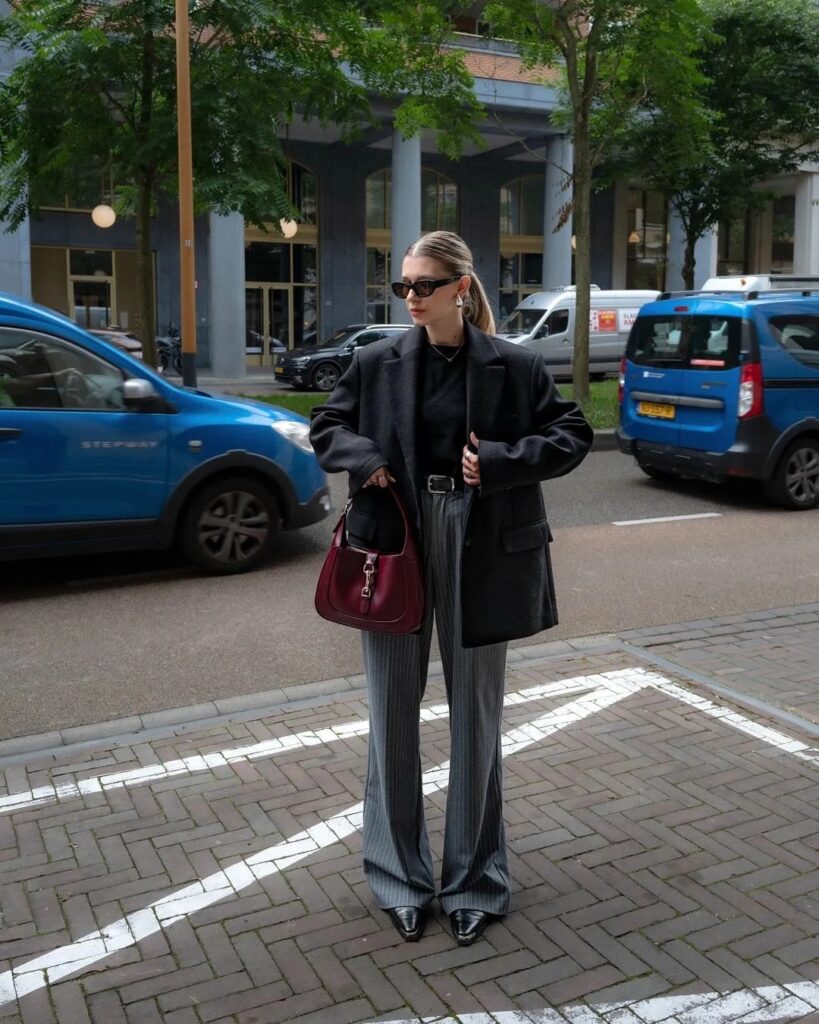 5. Old Money Streetstyles Gray Striped Pants & Black Shirt