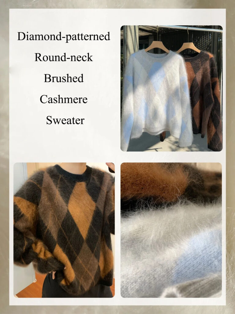 7.Diamond-patterned Round-neck Brushed Cashmere Sweater
